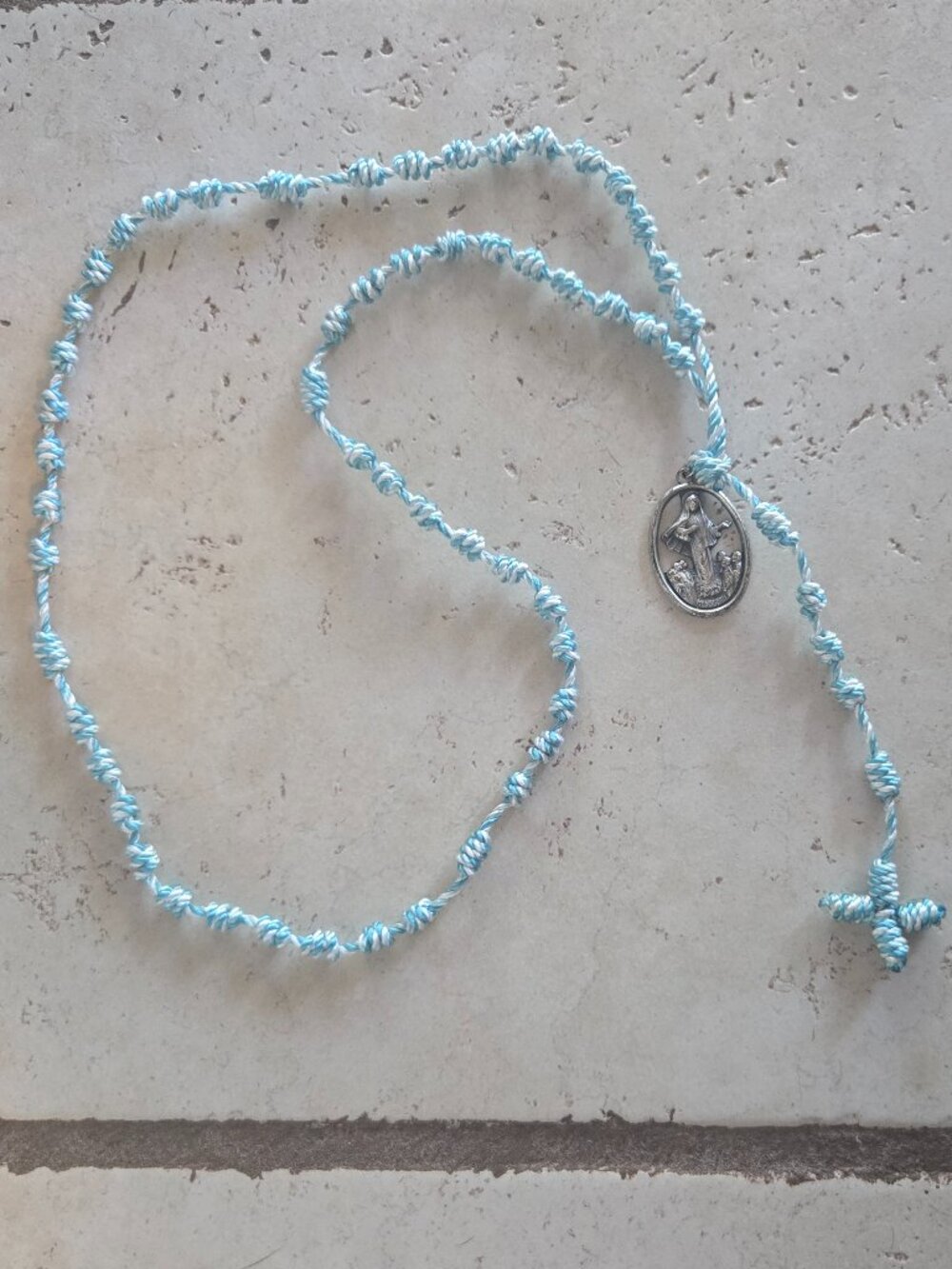 Hand Crafted Knot Rosary blue/white twine Medjugorje Medal